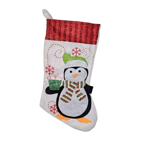 Penguin With Gift Handmade Felt Christmas Stocking Holiday Decor Never Used - Picture 1 of 5